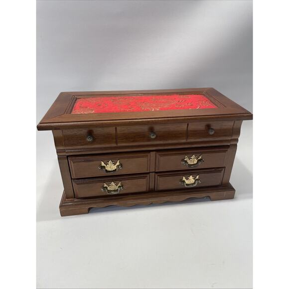 Vintage Two Drawer Oak Wood Jewelry Box with Brocade Fabric Top Beautiful - Picture 11 of 11
